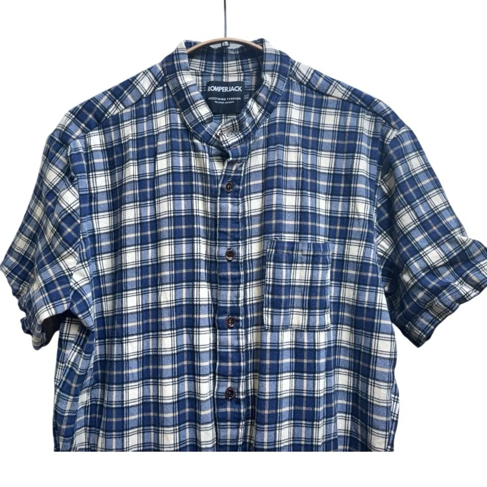 Men's ROMPERJACK short sleeved romper, jumpsuit, blue plaid flannel, size XL